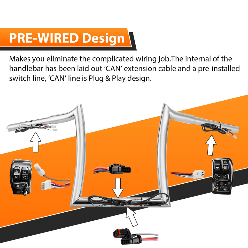12'' Rise Pre-Wred Ape Hanger Handlebar For Harley Road Glide Limited 2020-2024 - Image 3 of 4