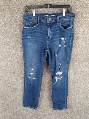 Old Navy Distressed Mid Rise Boyfriend Jeans Womens 8 Med Blue Denim Pockets