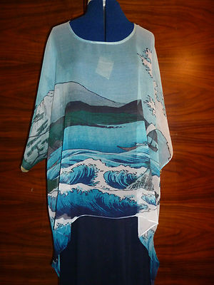 100% Seide Georgette fließender Kaftan/Tunika Hiroshige's Sea Off Satta L/XL NEU