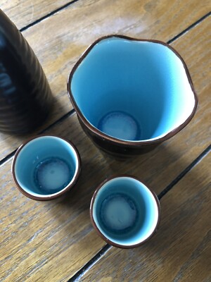 中国 輪花口下捻子形瓶　f12230910 VISUN CHINA 4 PC SAKE Dark Brown/Green/TEAL Crackle Finish