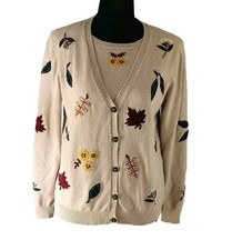 Alfred Dunner tan embroidered autumn button-Up Vintage sweater cardigan size SP