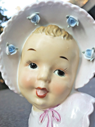 Head Vase Planter Baby Girl Lavender Bonnet Pink Accents Ucogco Japan MCM Vtg - Picture 9 of 9