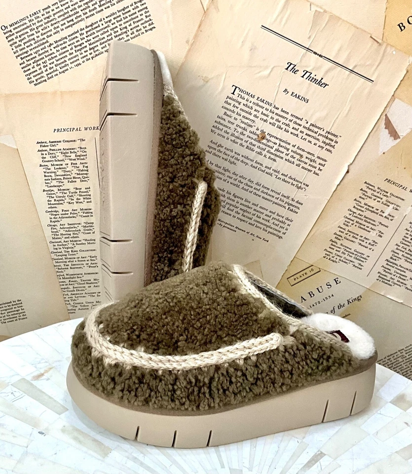 Zapatillas Free People Mou Bounce Zueco Piel de Oveja Rizada Verde Militar 36/6 NUEVO Foto 3 de 4