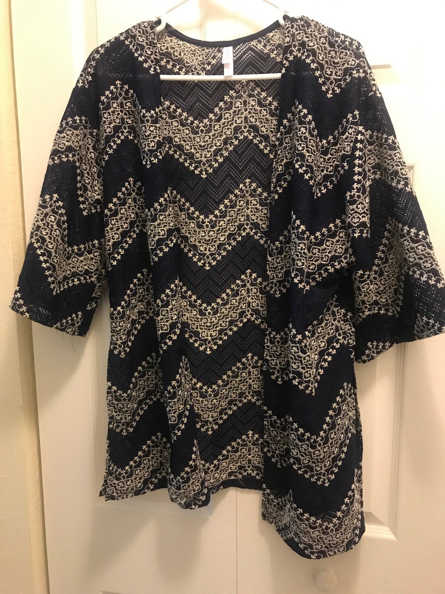 Navy Blue And Cream Bathing Suit Cover Up Kimono M/L