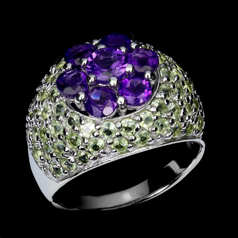 925 Sterlingsilber Ring Rund Amethyst Peridot Natur Edelstein Schmuck Größe 9 - Bild 2 von 4