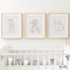 Baby Girl Woodand Floral Boho Animals. Set of 3. Fox, Bunny, Deer, tribal purple