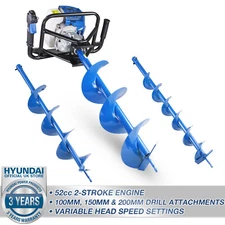 Hyundai Petrol Earth Auger Borer & Soil Post Hole Drill 52cc 730mm Deep Fence
