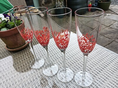 4er Set Kunstglas mundgeblasen groß Konfetti rot gesprenkelt Sektflöten 11''