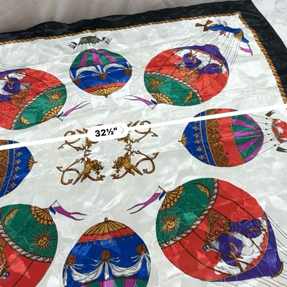 Vintage Womens 90s Hot Air Balloon Cherubs Scarf 34" Square Large black
