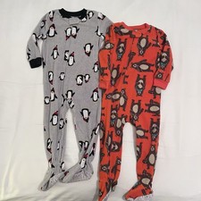 Carter's 24M Fleece Footed Pajamas Penguin Bear Gray Red Zip Flame Resistant Set