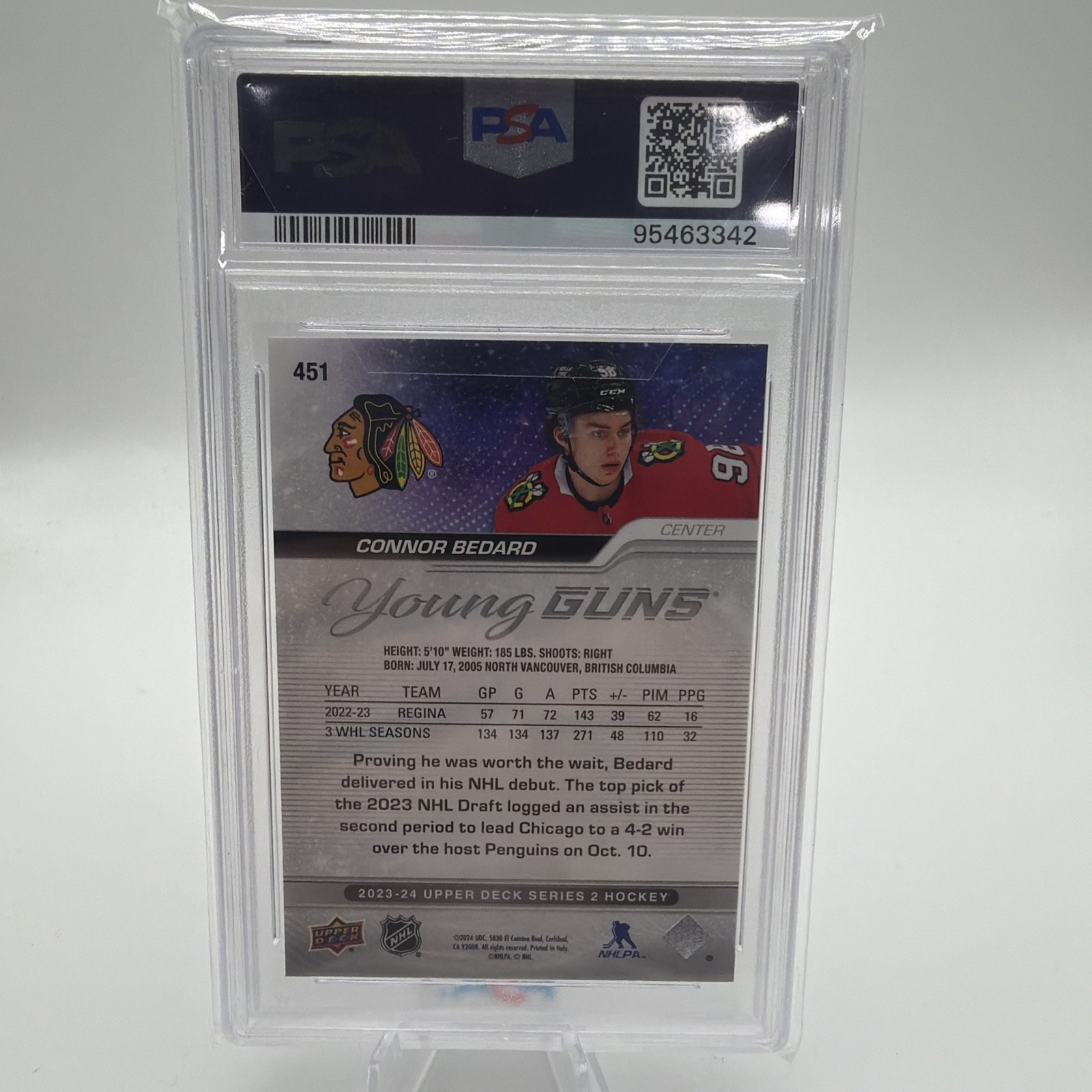 Connor Bedard 2023 Upper Deck #451 Young Guns PSA 10 (RC) Blackhawks -MC view 3