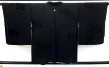Japanese Vintage Kimono Haori Jacket Polyester Black Family crest Authentic 29in