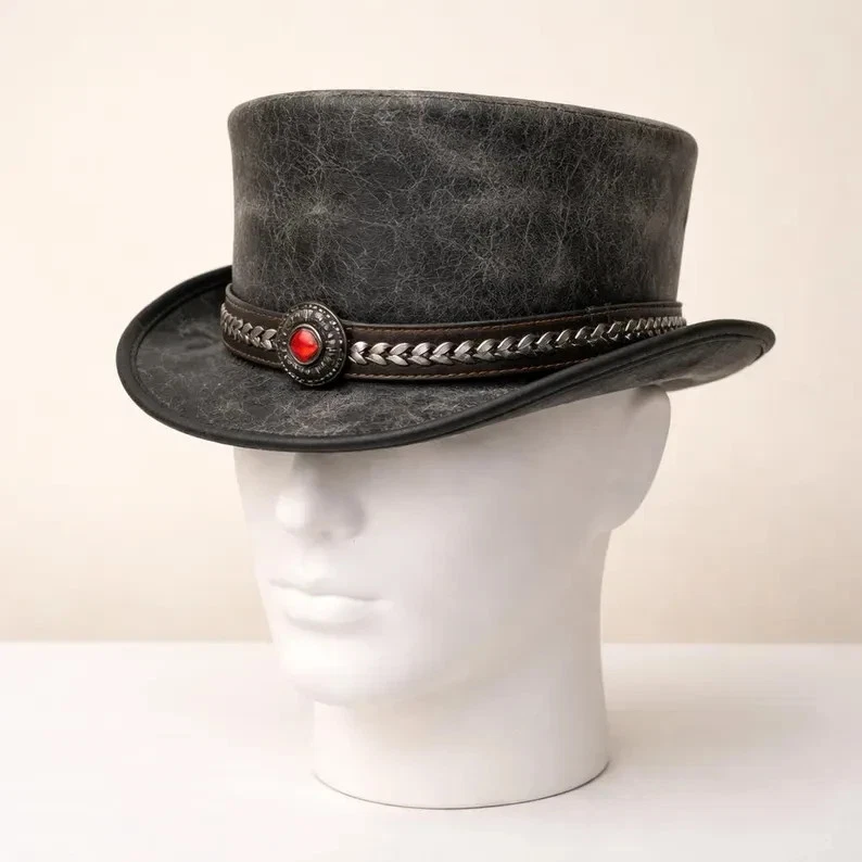 Handmade Distressed Leather Top Hat With Chain Band And Red Stone Accent
Opens in a new window or ta