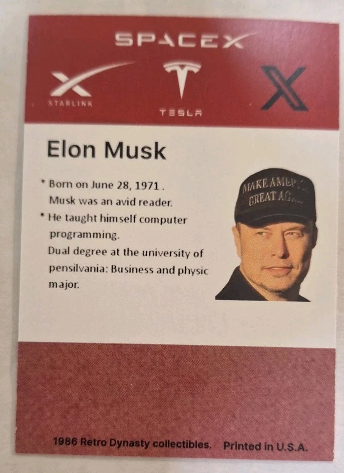 Tarjeta coleccionable Elon Musk retro 1986-87 estilo Fleer SpaceX Tesla MAGA Foto 2 de 2