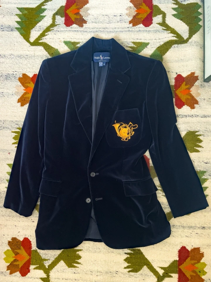 RALPH LAUREN Navy Blue Velvet Fox & Horn Crest Tuxedo Dinner Blazer Jacket Sz 6 - Image 2 of 4