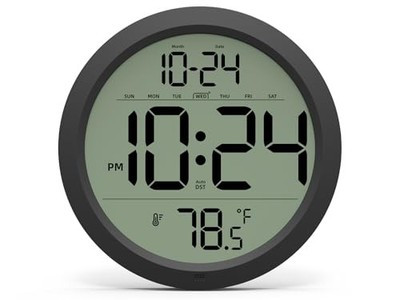 Digital Wall Clock with Date, Indoor Temperature, Auto-DST, Battery-Operated 