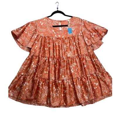 Vanilla Bay Womens 3X Rust Orange Floral Tiered Babydoll Top VT28391PLUSGG