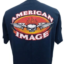 Vintage American Image T Shirt XL Murina USA Made Winged skull Flames Blue