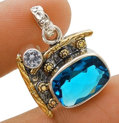 Bicolor 5 kt natürlicher Blautopas 925 massives Sterlingsilber Anhänger 1'' lang @B11-7