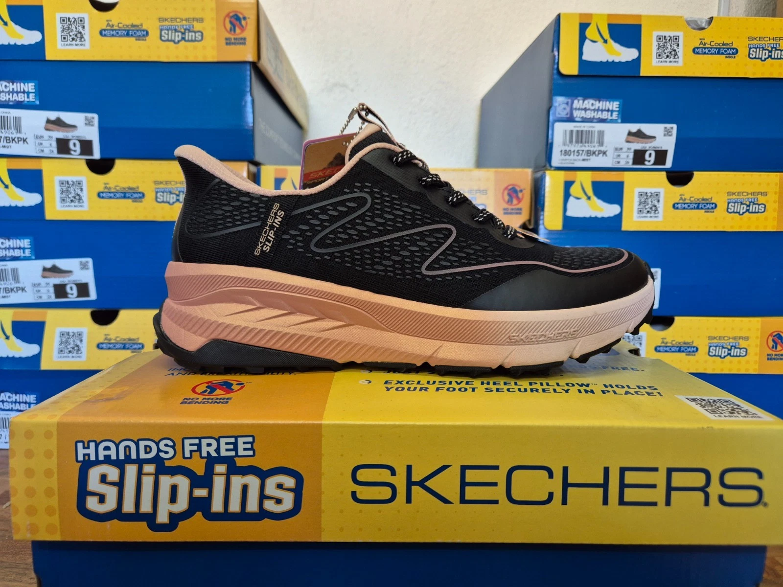 SKECHERS WOMENS SLIP INS BLACK SHOES LADIES MEMORY FOAM TRAIL TRAINER SLIP IN 6