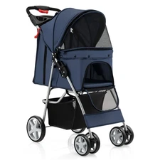 Petsjoy 4-Wheel Pet Travel Carrier Folding Pet Stroller w/Storage Basket Navy
