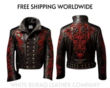 Gothic Dragon Leather Jacket, Black with Red Embroidery, Steampunk Military
