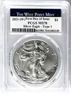 2021(W) SILVER EAGLE T1 WEST POINT MINT FIRST DAY OF ISSUE PCGS MS70 BLUE LABEL