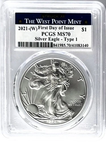 2021(W) SILVER EAGLE T1 WEST POINT MINT FIRST DAY OF ISSUE PCGS MS70 BLUE LABEL