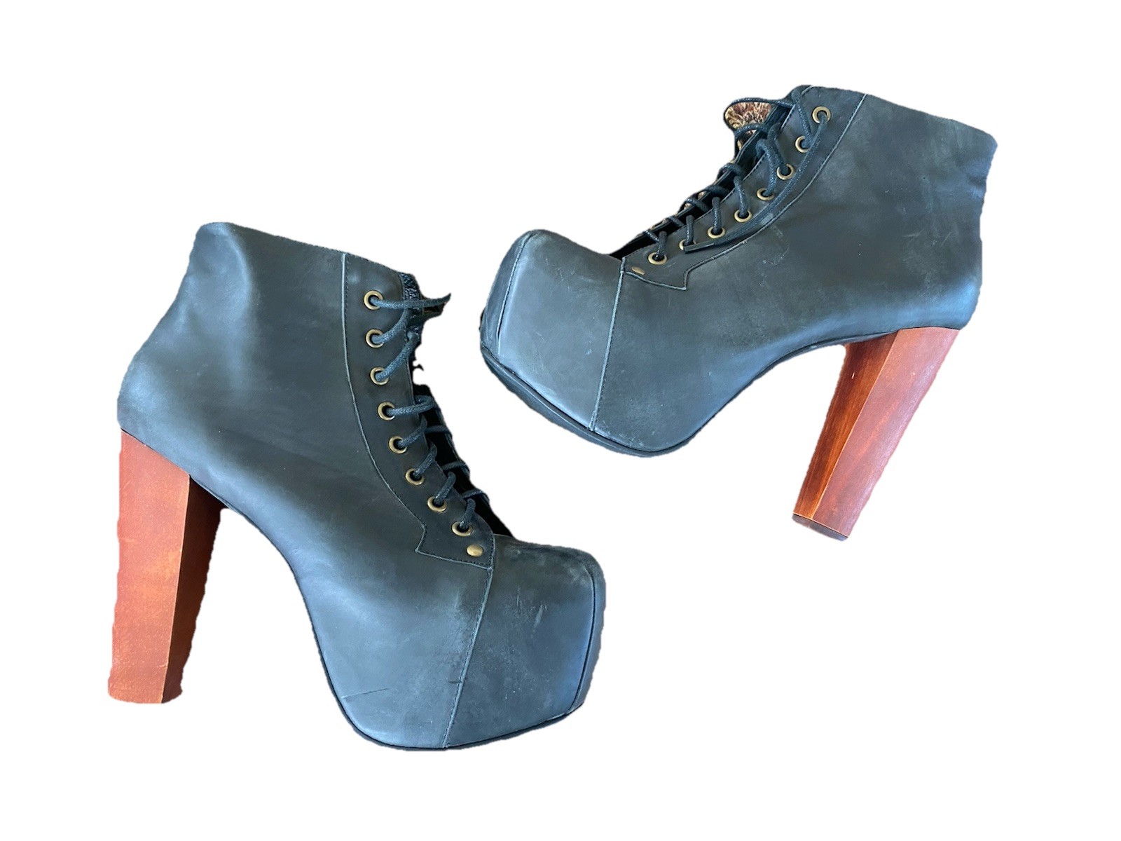 Jeffrey Campbell Lita Platform Boots 8 Black Leather Lace Up Goth Indie Sleeze