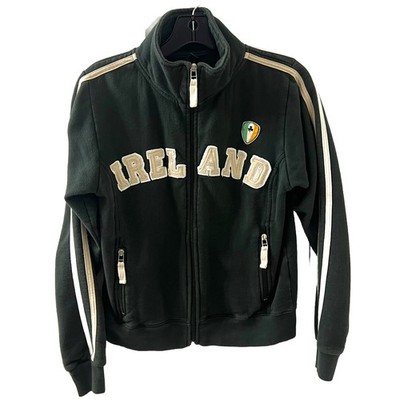 Retro Irish Kids Dark Green Ireland Hooded Zip Sweatshirt Size 8-10 Fleece Lined