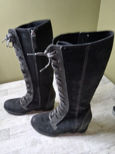 Sorel Joan Of Artic Wedge Tall Lace Up Charcoal Suede Black Boots Size 9.5 - Picture 2 of 24