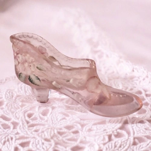 Vintage Pink Satin Glass Slipper Shoe Hand Painted Floral Pink Roses Signed 4.5”