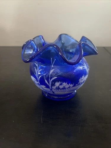 Fenton Glass Cannan Valley Cobalt Blue Ruffled Vase Hand Painted