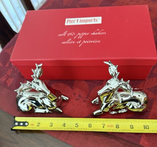 Pier 1 One Imports Silver Metallic Tone Reindeer Salt and Pepper Shakers In Box - Picture 3 of 18