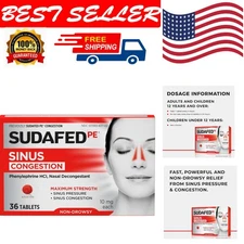 PE Sinus Congestion Relief Tablets Max Strength Non-Drowsy Cold Allergy Nasal...