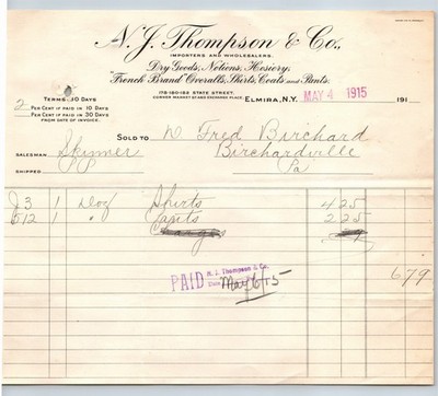 1915 N. Y. Thompson & Co Invoice Elmira New York Importers Of Dry Goods &Hosiery