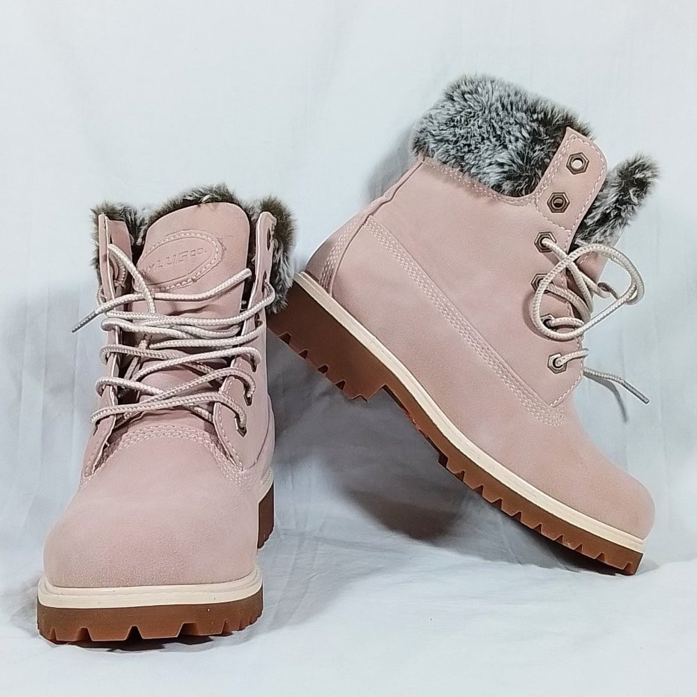 Lugz Women’s Hudson Lace-Up Fur-Trim Boots-Size 6-Bubble Gum Pink NIB