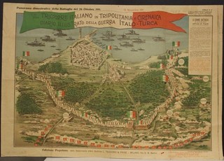 BATTLE OF TRIPOLI LIBYA 1911 TEODORO & FRIGÈ UNUSUAL ORIGINAL COLORED WOODCUTMAP