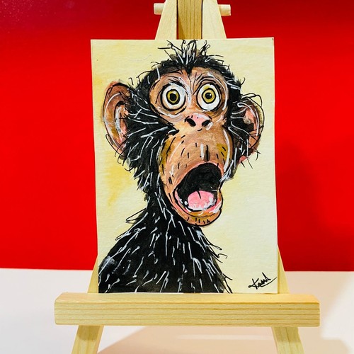 ACEO Funny Shocked Monkey Whimsical Animal Expression Acrylic Painting Art NEW - Picture 2 of 7