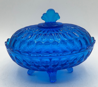 1940年代 Fentonフェントン フタ付きキャンディディッシュ Vintage Fenton Colonial Blue Thumbprint Glass Candy Dish 4 footed