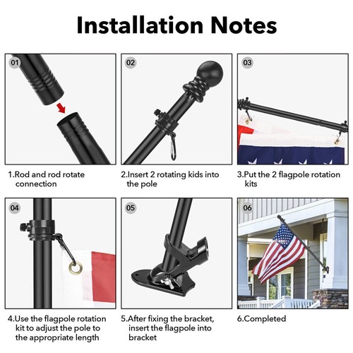 6FT Flag Pole Kit Heavy Duty Bracket Metal Pole With 2 Rotating Rings For Garden - Picture 6 of 11