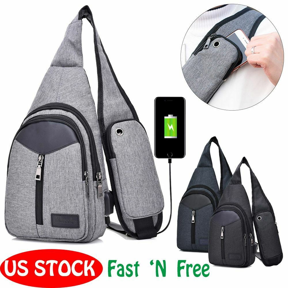 US Men Women Shoulder Bag Sling Chest Pack USB Charging Sports Crossbody Handbag