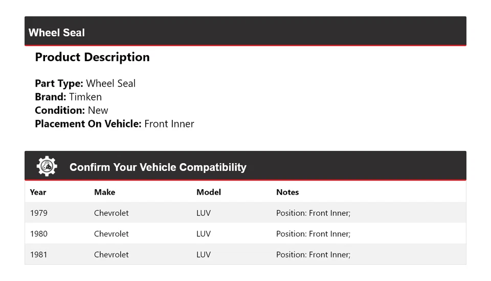 Sello de rueda interior delantero Timken 1980 para Chevrolet LUV 1979-1981 Foto 2 de 4