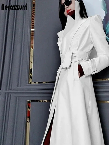 Real Leather Trench Coat Womens Long Sleeve Luxury Fashion Overcoat Windbreaker - Bild 16 von 19