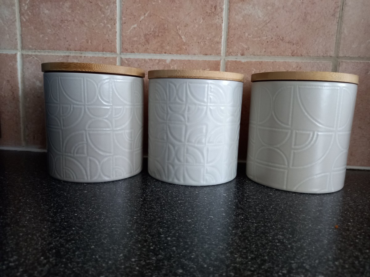 Next Set Of Ceramic Tea Coffee Sugar Canisters Jars Geo Embossed