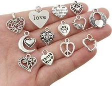 10 Heart Charms Antiqued Silver Love Pendants Assorted Lot Valentine's Mix