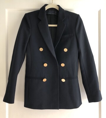 Zara Studio Navy Wool Double Breasted Blazer Jacket Size XS NWOT
