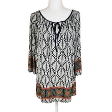Mia & Tess Tunic Top Size M Navy Blue & White/Border Print 3/4 Sleeves Tie Neck