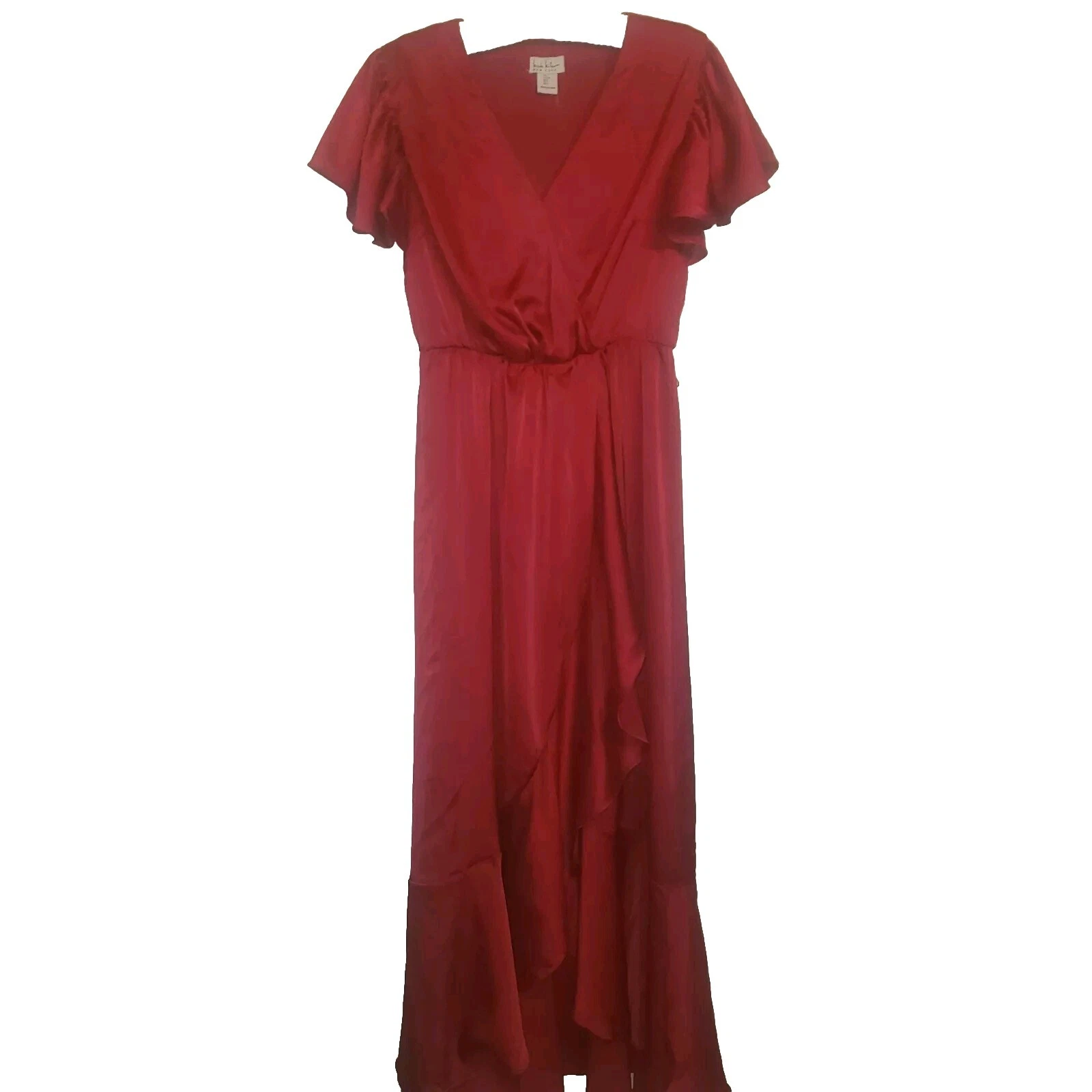 Maxi abito Nicole Miller rosso raso San Valentino manica svolazzante finto avvolgente cintura cravatta S