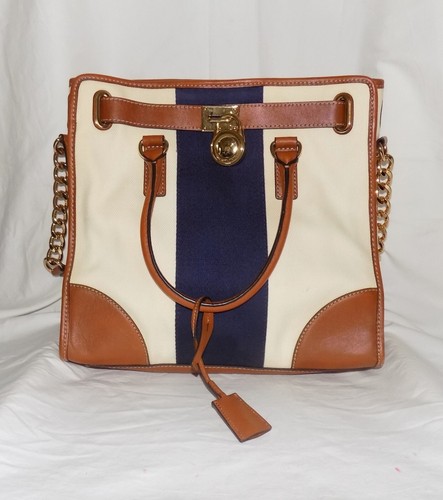 Michael Kors Hamilton Mono Stripe Canvas w/Leather Trim Tri-Color Satchel Bag - Picture 3 of 18
